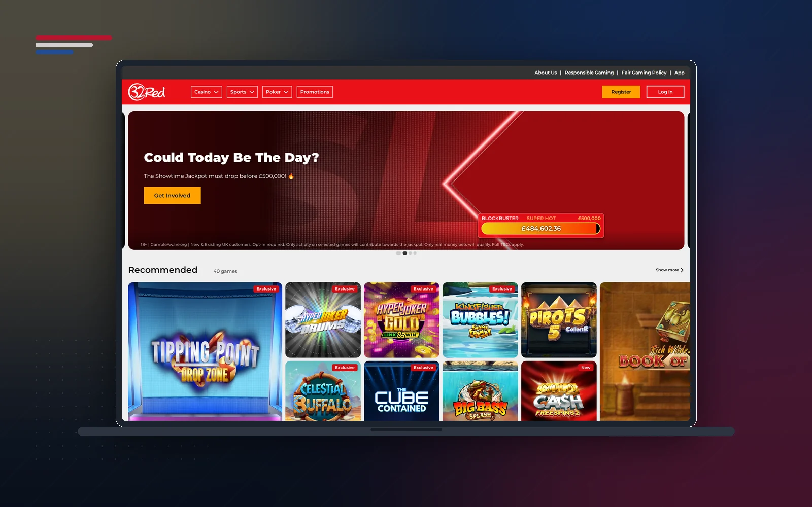 32Red casino lobby on a laptop with the Showtime jackpot counter and a grid of exclusive slot games