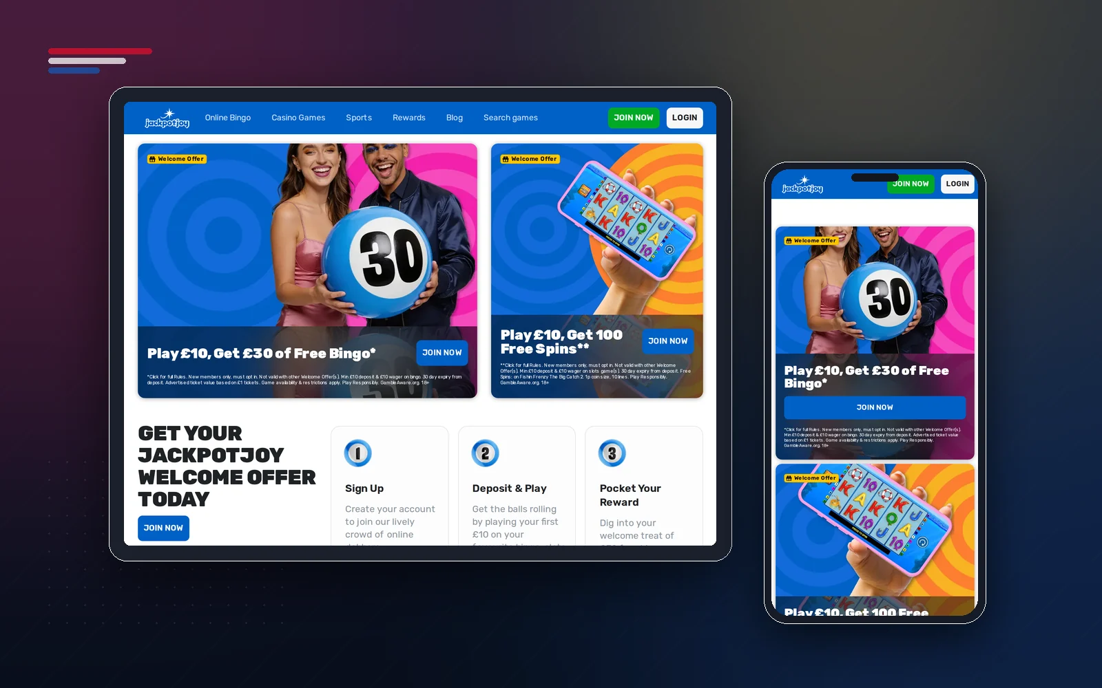 Jackpotjoy on a tablet and phone with Play £10 Get £30 Free Bingo and Play £10 Get 100 Free Spins welcome offers