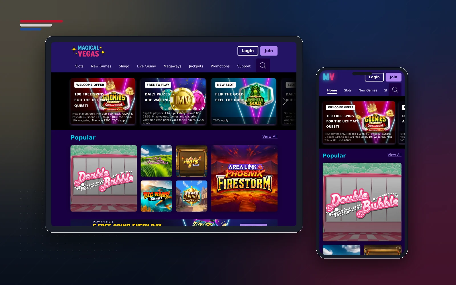 Magical Vegas slots lobby on a tablet and phone with Double Bubble, Big Bass Bonanza and Fluffy Favourites