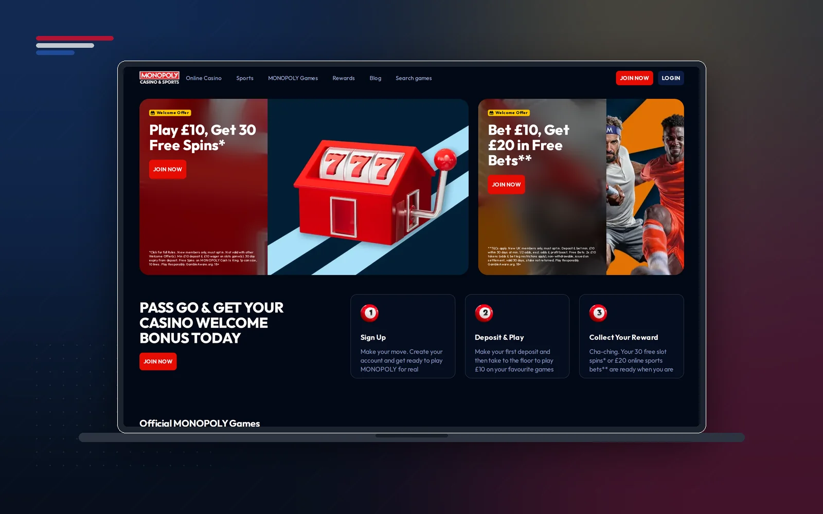 Monopoly Casino homepage on a laptop with the Play £10 Get 30 Free Spins welcome offer and the three-step sign-up strip
