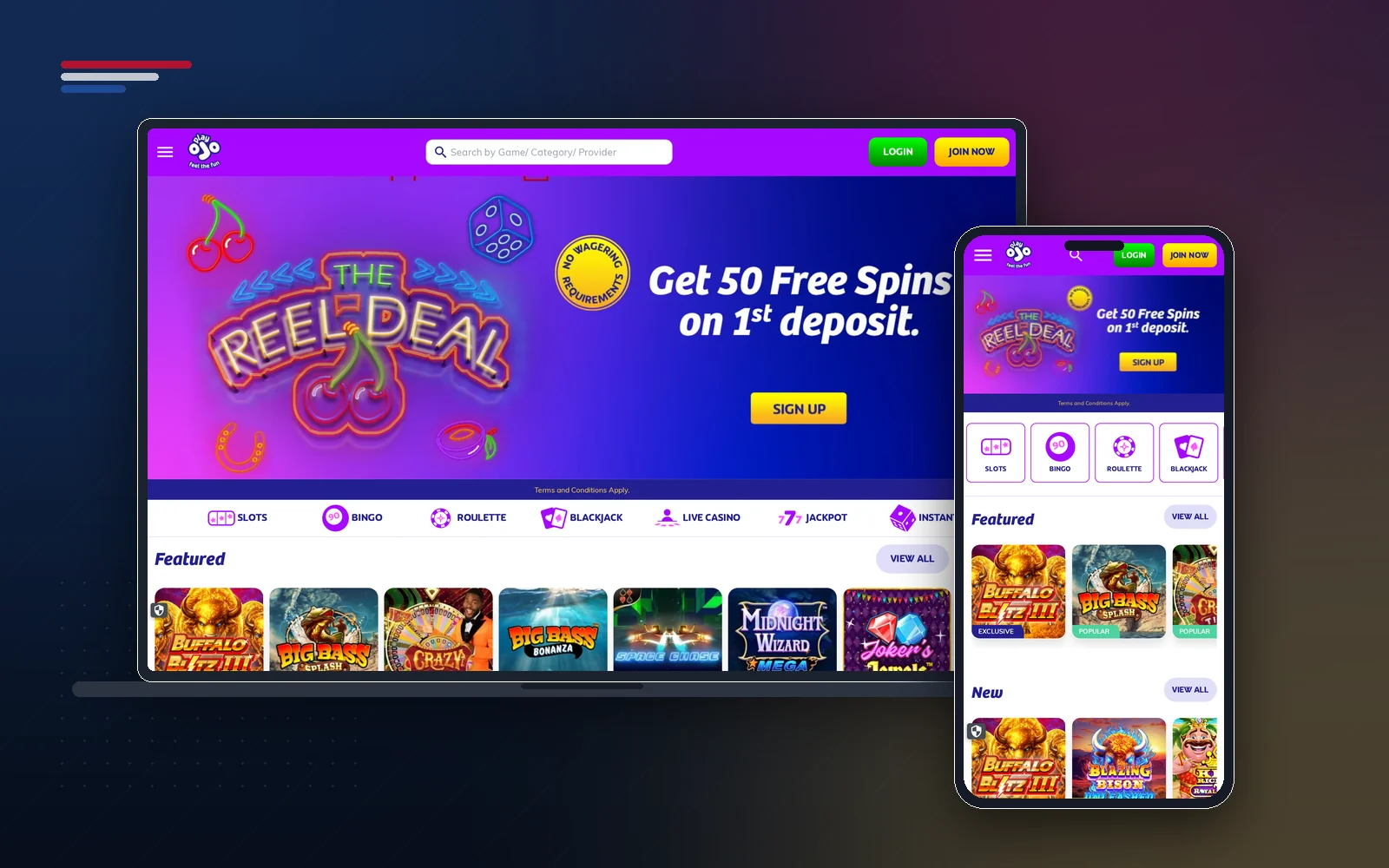 PlayOJO on a laptop and phone showing the 50 free spins welcome offer with no wagering requirements