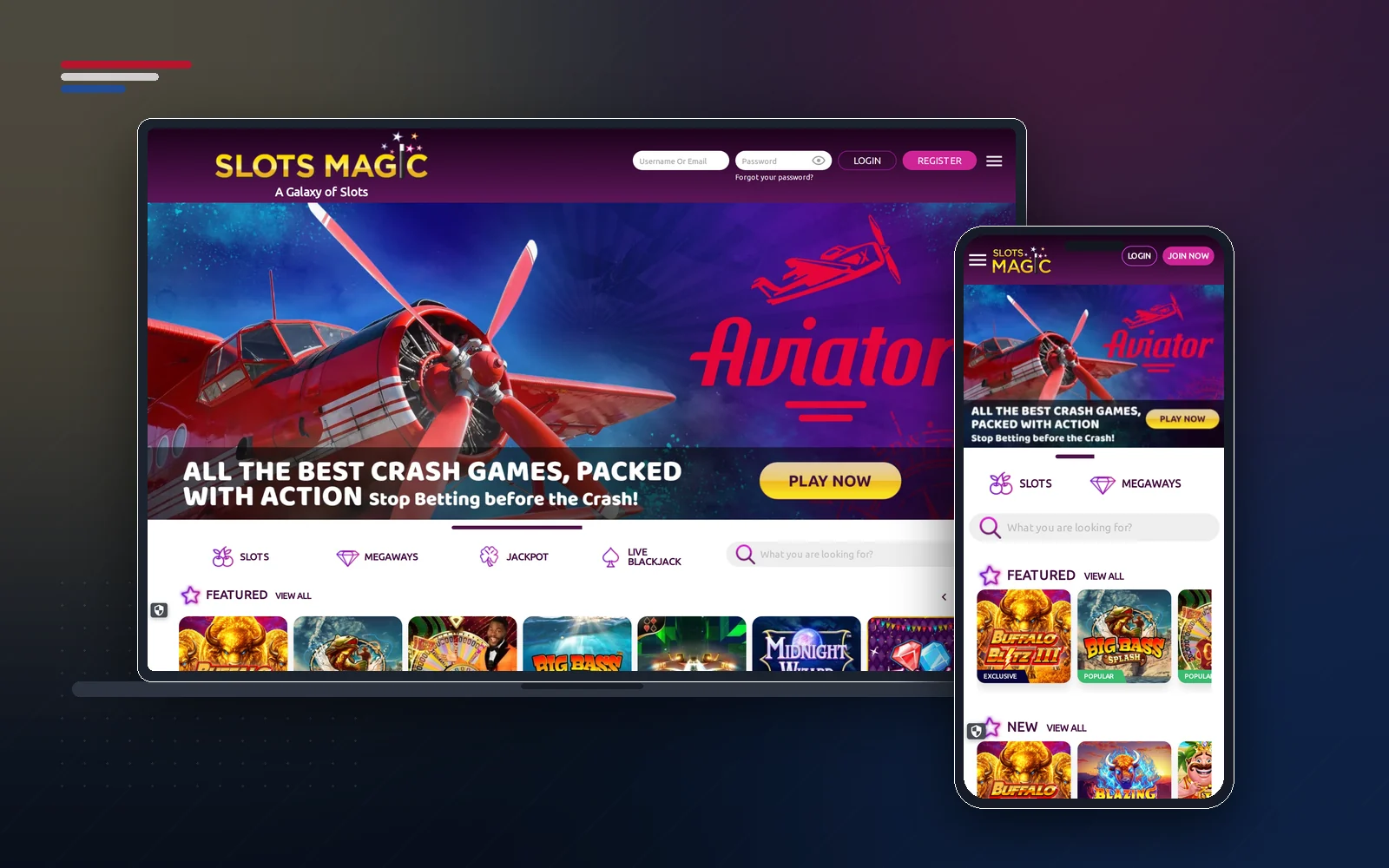 SlotsMagic lobby on a laptop and phone with the Aviator crash game banner and a featured slots row