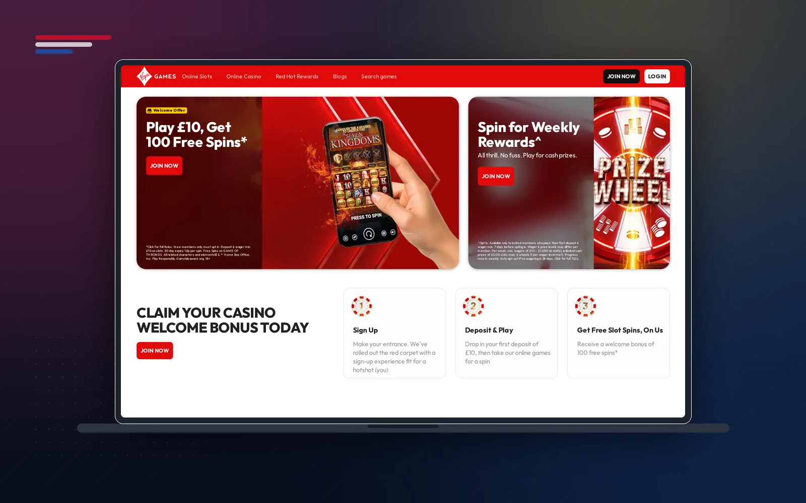 Virgin Games homepage on a laptop with the Play £10 Get 100 Free Spins offer and the three-step sign-up strip